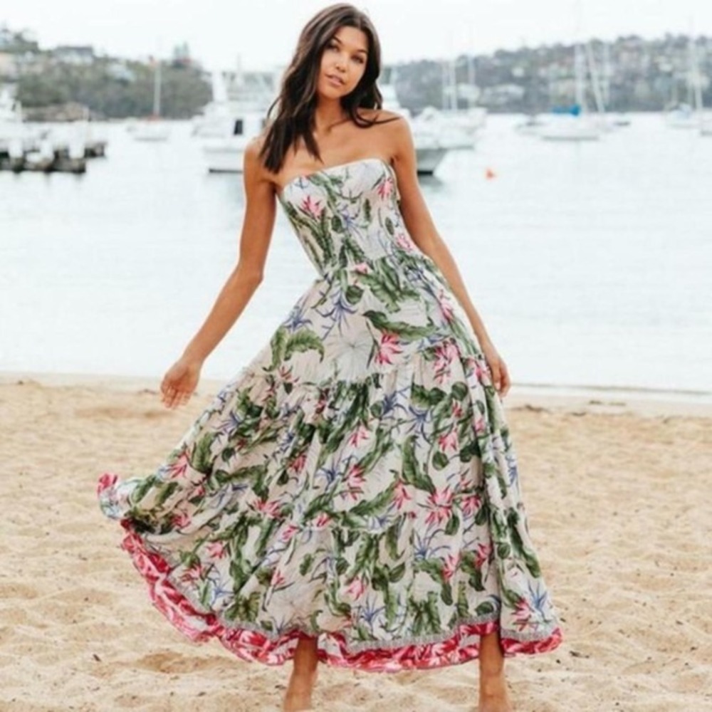 Jaase Salsa Rosa Strapless Maxi Dress Small Tropical Boho Tiered Summer